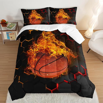 Basketball Bedding Set King Size,Black Honeycomb Background Comforter Flame Basketball Print Bedding Set for Boys Girls Bedroom Decor,Sports Themed Sets Comforter with 2 Pillowcases.
