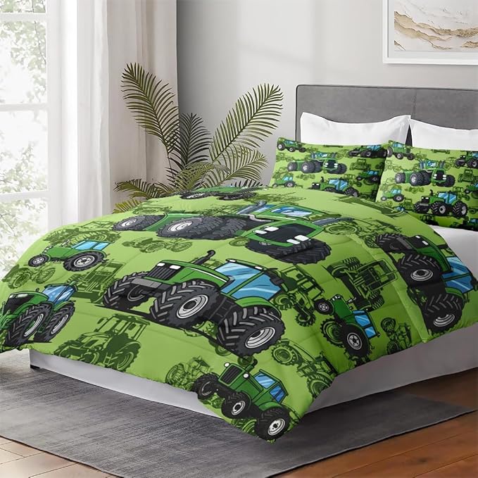 Queen Size Car Comforter Set with 2 Pillowcase, Farm Tractor Summer Soft Green 3 Pcs Bedding for Kids and Adults, Plant Dirt Wheel Comforter Set for Room Bedroom Bed Decor
