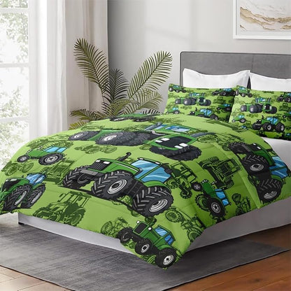 Queen Size Car Comforter Set with 2 Pillowcase, Farm Tractor Summer Soft Green 3 Pcs Bedding for Kids and Adults, Plant Dirt Wheel Comforter Set for Room Bedroom Bed Decor