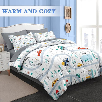 Comforter Set Twin Size, Cute Car City 5 Pcs Bedding for Kids and Adults, Cartoon Tree Truck Bed Sheet Sets with Fitted Sheet Pillowcase & Sham for Bedroom Bed Decor