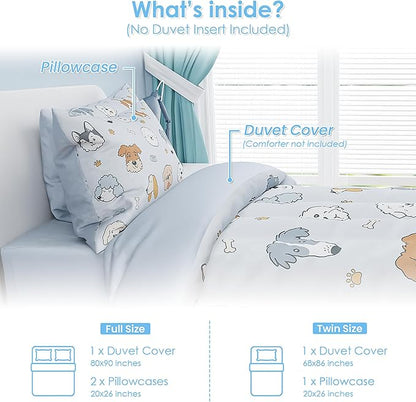 SANDJEST Dog Duvet Cover Sets Full Size for Kids Boys Girls, Incude 1 Polyester Comforter Cover 80x90 Inches and 2 Pillowcases 20x26 Inches, Comforter Not Included, Gift for Christmas Birthday