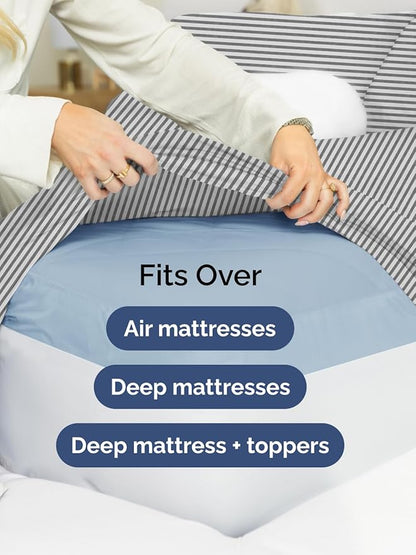 Extra Deep Queen Sheet Set - 6 Piece Breathable and Cooling Sheets - Hotel Luxury Bed Sheets Set - Easy Fit - Soft, Wrinkle Free and Comfy Sheets Set - Grey Striped Sheet Set with Extra Deep Pockets