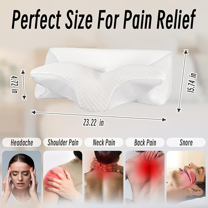 Cervical Pillow for Neck Pain Relief, Ergonomic Contour Orthopedic Pillow for Sleeping Shoulder Pain & Support, Cozy Memory Foam Neck Pillow with Pillowcase for Side Back Stomach Sleeper(White)