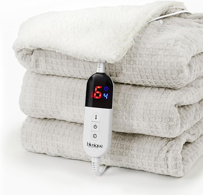 Heated Blanket Electric Throw Waffle, 50x60 Inches Sherpa Fleece Fast Heating Blanket 6 Heating Levels & 4 Hours Auto Off ETL Certification,Beige Throw