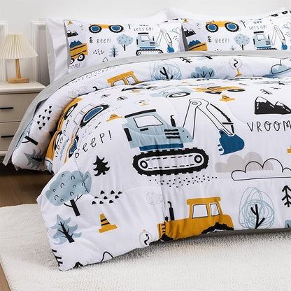 Holawakaka Trucks Tractors Cars Boys 5-Piece Bedding Comforter Sheet Set,Twin Size Cartoon Construction Car Excavator Print Kids Bed in A Bag, Excavator Mixer Truck Printed Bed Sets (White Twin)