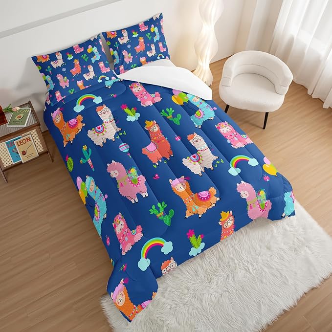 HOSIMA Kids Cute Llama Bed in a Bag King Size Comforter Set,Cartoon Rainbow Alpaca Comforter with 2 Pillowcases,Animal Bedding Sets for Children Room Decor,Blue Toddler Bedding Set for Boys Girls.