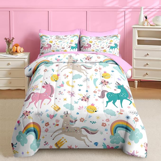 Nesker 7 Pcs Comforter Set Queen Size, Cute Colorful Unicorns Bedding Set for Kids Teen, Cloud Rainbow with Fitted Sheet 2 Pillowcases & 2 Shams for Bedroom Bed Decor