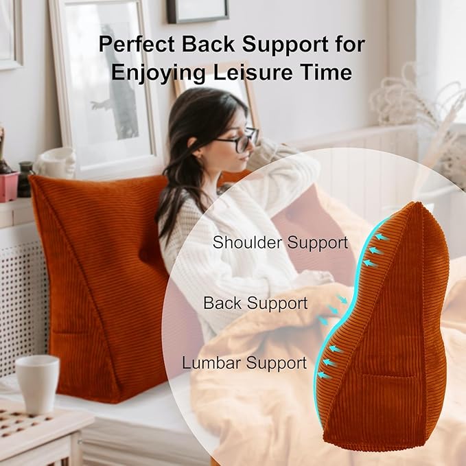 WOWMAX 100% Cotton Corduroy Headboard Pillow – Full Size Back Support Reading Wedge for Bed & Daybed, Plush Handmade Bolster Cushion with Removable Cover, Cozy Bed Rest Pillow, Rusty Orange