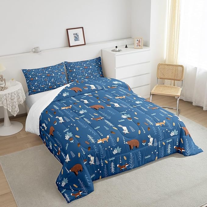 Bear Comforter Set Twin Size,Navy Cartoon Animals Bedding Set Kids Cute Fox Rabbit Quilt Set 2Pcs for Girls Boys Bedroom Decor,Pine Tree Jungle Adventure Style Duvet Insert,1 Pillowcase