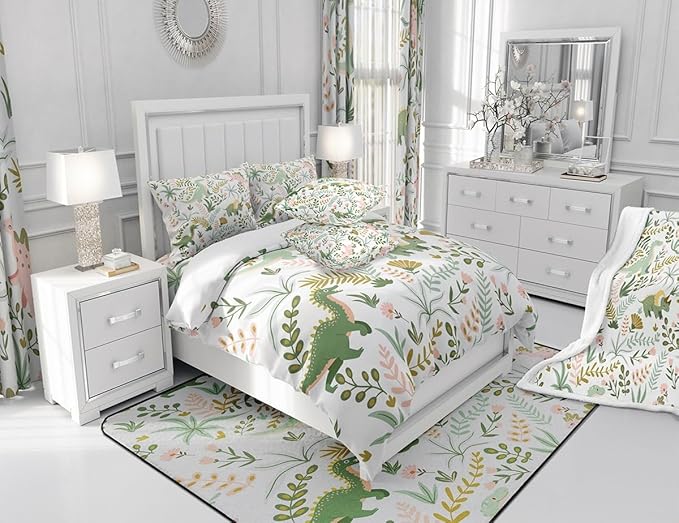 Castle Fairy Cute Dino Kids Duvet Cover Set Full Size,Kawaii Pink Green Dinosaur Comforter Cover with 2 Pillowcases,Cartoon Wildlife Floral Leaves Plant Breathable Bedspread for Boys Teens