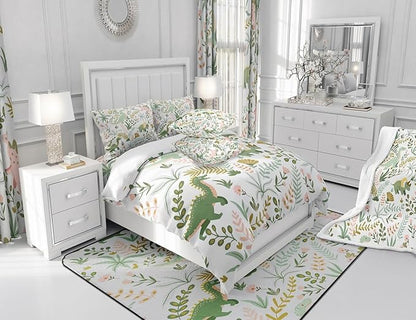 Cute Dino Kids Bedding Set Twin Size,Kawaii Pink Green Dinosaur Comforter Cover Set for Kids Girls,Cartoon Wildlife Floral Leaves Plant Bedding Quilt Cover Set Bedroom Decor, 2 Pcs