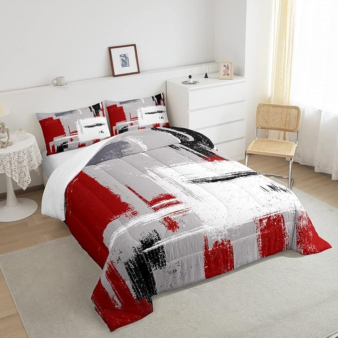 Feelyou Abstract Bedding Set Comforter Set for Kids Boys Children Modern Abstract Art Comforter Ultra Soft Decor Red Grey White Duvet Set Toddler Size