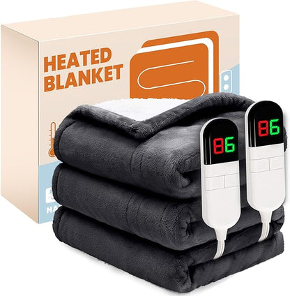 Electric Heated Blanket, Flannel & Sherpa Fast Heating Soft Fleece Heated King Blanket 90"x100" with 6 Heating Levels & 10H Auto Off - Grey