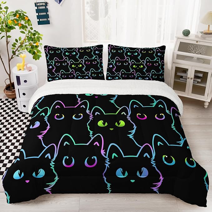 QOOMO Cartoon Cat Sherpa Plush Comforter Set, Full/Queen Size 3 Pieces Cute Animals Comforter Sets, Ultra Soft Cozy Fleece Bedding Set, Bed Sets for All Seasons with 1 Comforter 2 Pillowcases