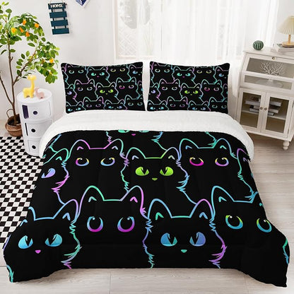 QOOMO Cartoon Cat Sherpa Plush Comforter Set, Full/Queen Size 3 Pieces Cute Animals Comforter Sets, Ultra Soft Cozy Fleece Bedding Set, Bed Sets for All Seasons with 1 Comforter 2 Pillowcases