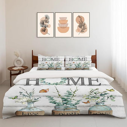 Eucalyptus Botanical Theme 3 Pieces Duvet Cover Comforter Set with 2 Pillowcase Queen Size Greenery Leaf Bed Sheet Quilt Bedroom Bedding for Lover Kids