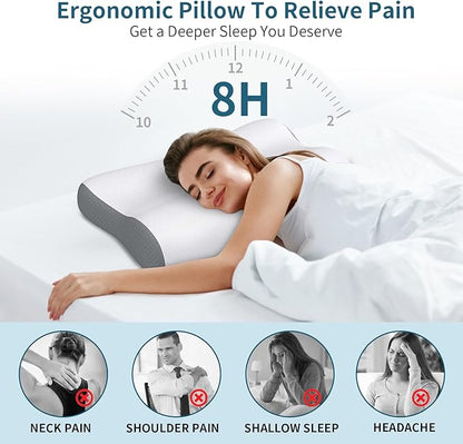 Cervical Neck Pillow for Pain Relief, Contour Memory Foam Pillows for Sleeping, Ergonomic Pillow Orthopedic Cooling Pillow Bed Pillow Neck Support for Side Back Stomach Sleepers(White & Grey)
