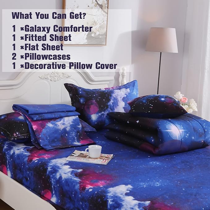 6Pcs Galaxy Comforter Set with Sheets for Kids Boys Girls Teens, Outer Space Themed Bed in a Bag Twin Size, Dark Blue 3D Printed Bedroom Decor Bedding Set