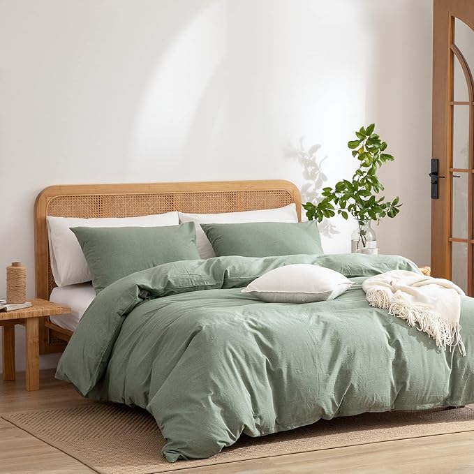 Green Duvet Cover King, 100% Washed Cotton Linen Like Textured 3 Pieces Bedding Set, Solid Color Simple Style Duvet Cover, Luxury Relaxed Feel Natural Wrinkled Breathable Soft Comfy (Green, King)