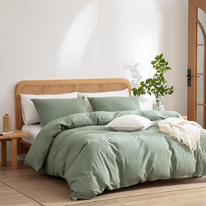 Green Duvet Cover King, 100% Washed Cotton Linen Like Textured 3 Pieces Bedding Set, Solid Color Simple Style Duvet Cover, Luxury Relaxed Feel Natural Wrinkled Breathable Soft Comfy (Green, King)