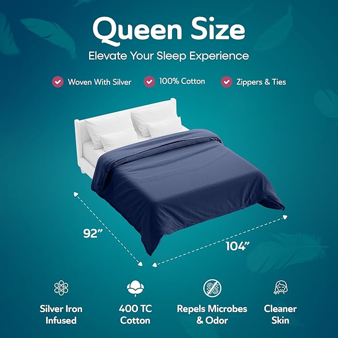 Sleepgram Supima Machine Washable 400 Thread Count Cotton Silver Ion Infused Luxury Zippered Duvet Cover with Travel Bag, Queen, Poseidon Blue