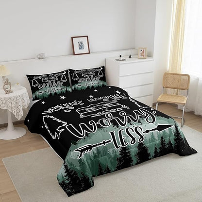 Feelyou Happy Camping Comforter Set Kids Galaxy Night Camper Bedding Set Queen Women Men Caper Van Decor Comforter Ultra Soft Microfiber Quilted Set Bedroom Comforter Inner Fill Queen Size