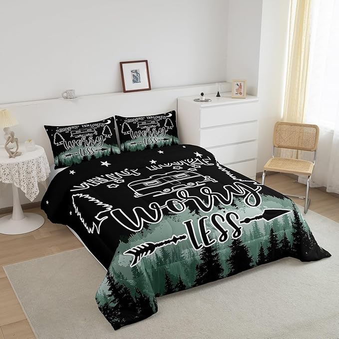Feelyou Happy Camping Comforter Set Kids Galaxy Night Camper Bedding Set Full Women Men Caper Van Decor Comforter Ultra Soft Microfiber Quilted Set Bedroom Comforter Inner Fill Full Size