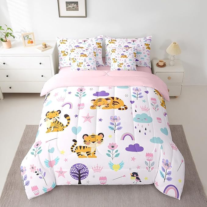 Erosebridal Floral Tiger 7 Pieces Bedding Set Cartoon Zoo Animal King Comforter Set with Sheets for Boys Girls Kids Room Decor Cute Flower Bed in a Bag Zoo Zoo Animal Bed Set