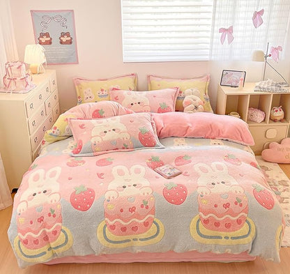 Pink Duvet Cover Queen, Bunny Cake Kawaii Bedding Sets, Ultra Soft Cute Fluffy Comforter Covers Set for Girls Kids Women Teen(Cake, Queen)