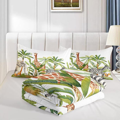 QOOMO Wild Animal Comforter King Size,Elephant Giraffe Zebra Kids Comforter Set,3Pcs Bedding Set Printed Comforter with 2 Pillowcases,Down Alternative,Soft and Lightweight