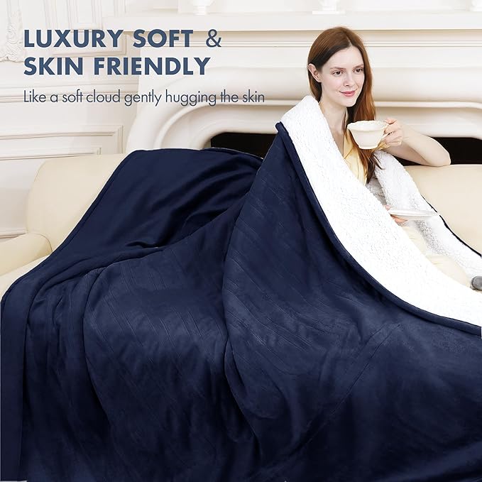 Heated Throw 50" x 60" - Soft Flannel Sherpa Electric Blanket with 5 Heating Levels & 4 Hours Auto Off, Heating Blanket Throw as a Gift for Grandma, Machine Washable (Navy)