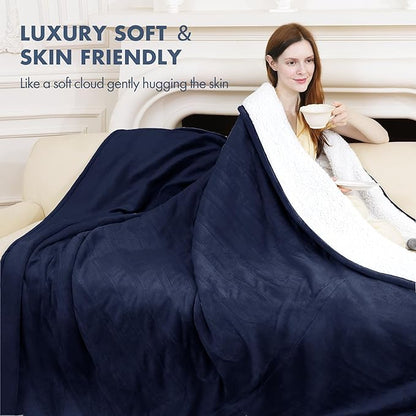 Electric Heated Blanket Twin 62" x 84" - Soft Cozy Flannel Sherpa Electric Blanket Twin Size with 5 Heating Levels & 10 Hours Auto Off, Heated Blanket for Women, ETL Certified (Navy)
