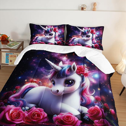 Girls Unicorn Queen Size Bedding Set,Red Rose Flowers Comforter Set for Kids Teens Room Decor,Romantic Starry Sky Galaxy Cute Bedding Sets with 2 Pillowcases.