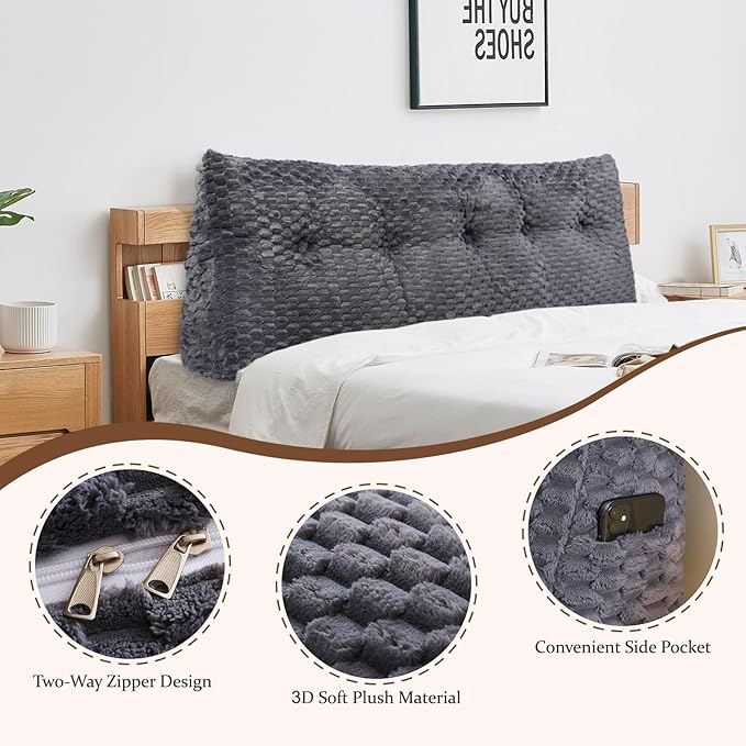 Large Headboard Wedge Pillow, Bed Rest Reading Pillow, Back Support Long Pillow, Bed Bolster Rest Reading Pillow with Removable Cover (Grey, Queen:59 * 20 * 8Inches)