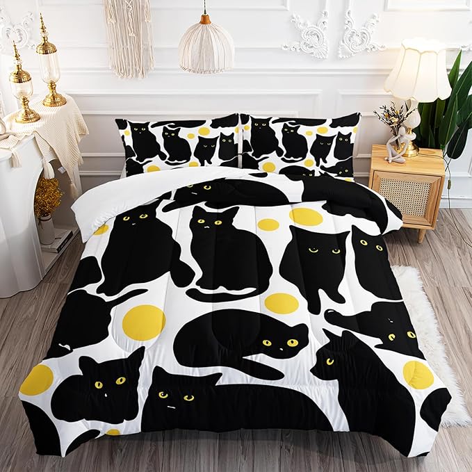 Kids Bedding 3Pcs Cartoon Black Cat Bedding Set Twin Yellow Polka Dots Pattern Comforter Set for Teens Kids Boys Girls Adults Cute Cat Quilt Bed Decor Set with 1 Comforter and 2 Pillowcases