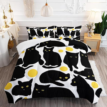Kids Bedding 3Pcs Cartoon Black Cat Bedding Set Queen Yellow Polka Dots Pattern Comforter Set for Teens Kids Boys Girls Adults Cute Cat Quilt Bed Decor Set with 1 Comforter and 2 Pillowcases