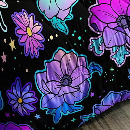 Axolotl Neon Floral Bedding Set Full,Gradient Floral Comforter Set for Girls,Colorful Flower Bedding Set Stars,Galaxy Series Comforter for Kids Boys Girls Teens Adults,1 Quilt 2 Pillowcases,Black