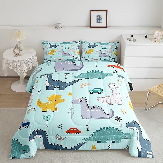 Castle Fairy Cute Car Kids Comforter Set Twin Size,Cartoon Dinosaur Rainbow Sketch Blue Bedding Set for Kids Boys Men,Kawaii Dino Colorful Wild Animal Quilted Duvet Set with 1 Pillowcase
