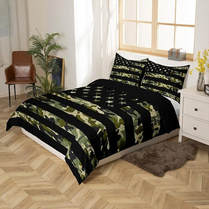 Castle Fairy Camouflage American Flag Bedding Set King Size, Patriotic Stars and Stripes Print USA Flag Duvet Cover with 2 Pillowcases, American Culture Theme Comforter Cover Room Decor Gift, Green