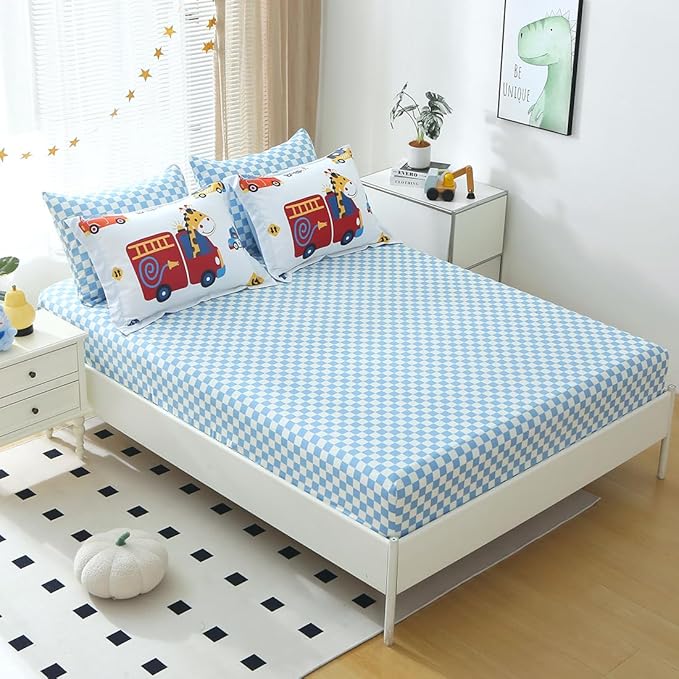 Kids Cars Animal Comforter Set Full Size for Boys Girls Teens 7 Piece Cartoon Construction Fire Truck Excavator Police Ambulance Lion Cat Dog Elephant Bedding Set Bed in A Bag,Colourful