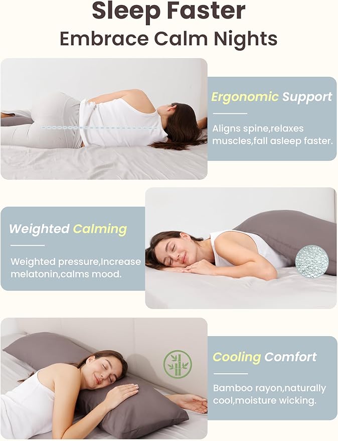 ZonLi Weighted Body Pillow with Bamboo Cover (48" x 14") 8.5lbs, Quilted Glass Beads Body Pillows for Adults Weighted Pillow for Deep Sleepers, Full Body Pillow for Side Sleepers, Memory Foam Pillow
