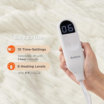 Bedsure GentleSoft Electric Blanket Full Size - Soft Ribbed Flannel Heated Blanket with 6 Heat Settings, Heating with 10 Time Settings, 8 hrs Timer Auto Shut Off (72x84 inches, Coconut White)
