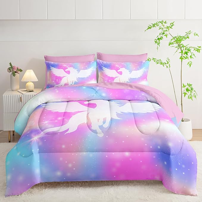 Galaxy Unicorn Bedding Set Twin - Unicorn Comforter Set (7 Piece) - Pegasus Galaxy Kids Bedding, Pink Purple Blue Girls Quilt Set, All Season Microfiber Bed Set with Shams, Flat/Fitted Sheet