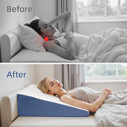 Wedge Pillow for Headboard, 10’’ Triangle Elevated Bed Wedge Pillow for Acid Reflux Relief, Sleeping, Post Surgery, Back Pain Relief, Snoring, Soft Memory Foam Top & Washable Breathable Cover, Blue