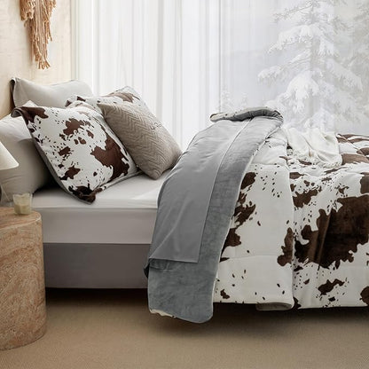 Petrichor Velvet Flannel Twin Comforter Set-Cow Print Western Style Blanket,Luxury Fuzzy Heavy Bedding Set, 2 Pieces Plush Winter Bed Set with Comforter (68"x88") & 1 Pillow Shams (20"x26")