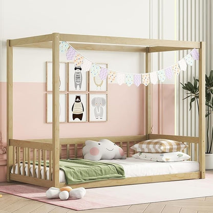 MERITLINE Full Canopy Bed Frame with Fence,Solid Wood Montessori Floor Bed with Guardrail, Easy to Assemble (Natural)