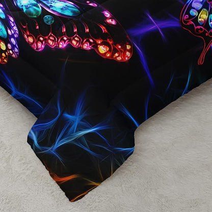 Colorful Butterfly Bedding Set, Queen Size Neon Butterfly Comforter Set, Room Decor for Kids Teens, 1 Quilt with 2 Pillowcases