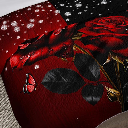 Red Floral King Quilted Sets,Romantic Red and Black Bedding Quilt Set,Rose Pattern Soft Lightweight Bedding All Season for with 2 Pillowcases.