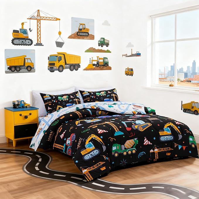 Holawakaka Trucks Tractors Cars Boy Bedding Comforter Set with Sheets, Full Size Cartoon Construction Car Excavator Print Kids Bed in A Bag 5-Piece, Boys Reversible Dorm Bed Sets (Black Full)