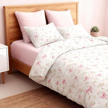 Bow Duvet Cover Queen Size Girls Pink Floral Duvet Cover Set Princess Style Bowknot Bedding Set Ultra Soft Reversible Garden Flower Bedding Set 3Pcs